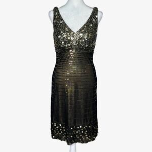 VTG Janine Formal Cocktail Dress S Black Bronze Golden Jewels Sequins Stretchy